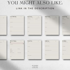 May include: A set of printable planner pages with titles such as "Book Summary", "Character Study", "To-Do List", "Gratitude Log", and "Life Reflection".