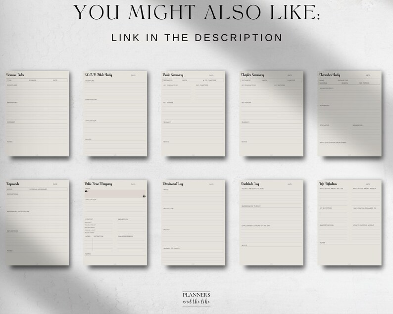 May include: A set of printable planner pages with titles such as "Book Summary", "Character Study", "To-Do List", "Gratitude Log", and "Life Reflection".