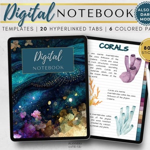 Digital Notebook for Goodnotes, Samsung notes etc with 20 tabs hyperlinked, 48 note templates, dark mode, in 6 colored pages.