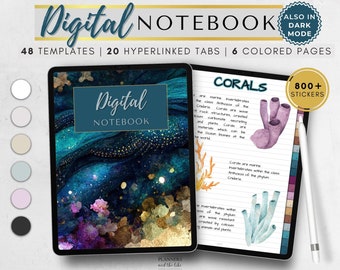 Cuaderno digital para Goodnotes, Samsung notes, etc. con 20 pestañas hipervinculadas, 48 plantillas de notas, modo oscuro, en 6 páginas a colores.