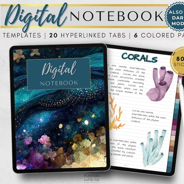 Digital Notebook for Goodnotes, Samsung notes etc with 20 tabs hyperlinked, 48 note templates, dark mode, in 6 colored pages.