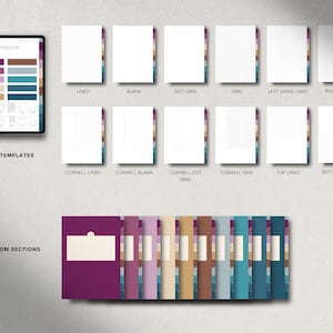 May include: Digital notebook templates with various page layouts, including lined, blank, dot grid, and Cornell notes. The image also shows 10 custom sections with tabs in different colors. The text on the image says "NOTEBOOK", "NOTE TEMPLATES", and "10 CUSTOM SECTIONS".