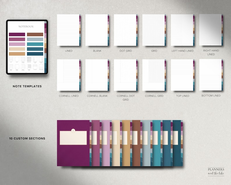 May include: Digital notebook templates with various page layouts, including lined, blank, dot grid, and Cornell notes. The image also shows 10 custom sections with tabs in different colors. The text on the image says "NOTEBOOK", "NOTE TEMPLATES", and "10 CUSTOM SECTIONS".