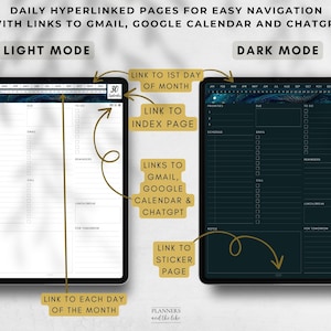 May include: A digital planner displayed in light and dark modes, showcasing daily hyperlinked pages. The planner includes links to Gmail, Google Calendar, and ChatGPT. The text on the screen shows a calendar layout with sections for priorities, due dates, and reminders.