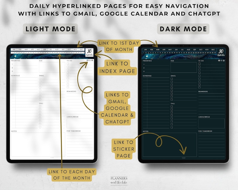 May include: A digital planner displayed in light and dark modes, showcasing daily hyperlinked pages. The planner includes links to Gmail, Google Calendar, and ChatGPT. The text on the screen shows a calendar layout with sections for priorities, due dates, and reminders.