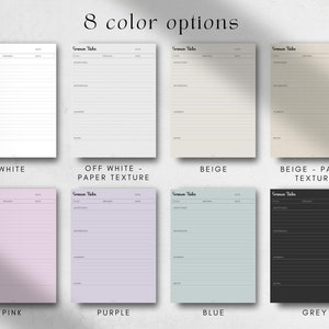 May include: Eight printable sermon note templates in different colours: white, off-white with paper texture, beige, beige with paper texture, pink, purple, blue, and grey. Each template has the title "Sermon Notes" and includes sections for title, scripture, references, summary, and notes.