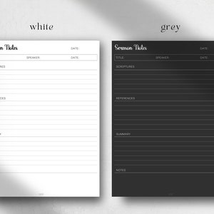 May include: Two printable sermon note templates, one white and one grey. Each template has sections for the date, title, speaker, scriptures, references, summary, and notes.
