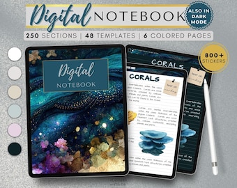 Cuaderno digital de 250 secciones en modo claro y oscuro para Goodnotes, Notability, Samsung notes, etc., pegatinas gratuitas