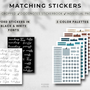 May include: Digital planner stickers with matching designs. Includes word stickers in black and white fonts and 5 color palettes. The stickers are pre-cropped and available as GoodNotes stickerbooks and individual PNG files.