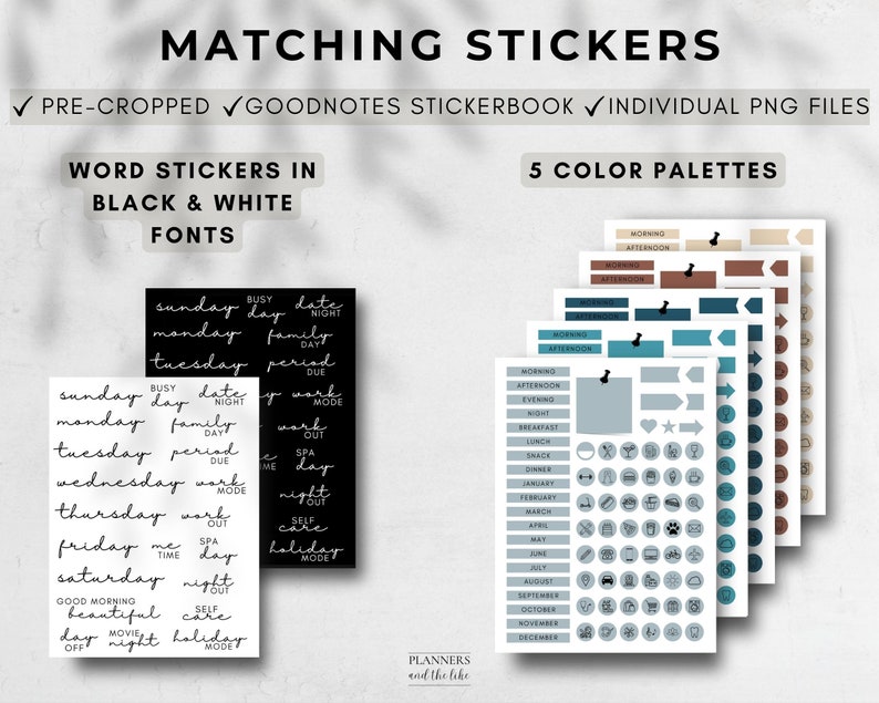 May include: Digital planner stickers with matching designs. Includes word stickers in black and white fonts and 5 color palettes. The stickers are pre-cropped and available as GoodNotes stickerbooks and individual PNG files.
