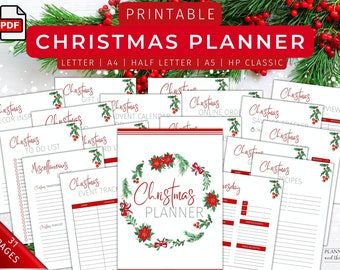 May include: Printable Christmas planner with 31 pages. The planner includes sections for gift ideas, to-do lists, recipes, and more. The cover features a wreath with red poinsettias and green holly.