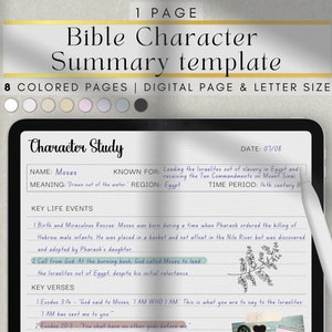Digital Bible character study template in 8 colors and letter size (printable)