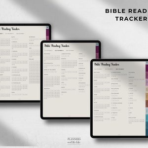 May include: Three digital tablets displaying a Bible reading tracker. The screens show a calendar layout with book titles and dates. The text "Bible Reading Tracker" is at the top. The tablets have a black border and a white background.