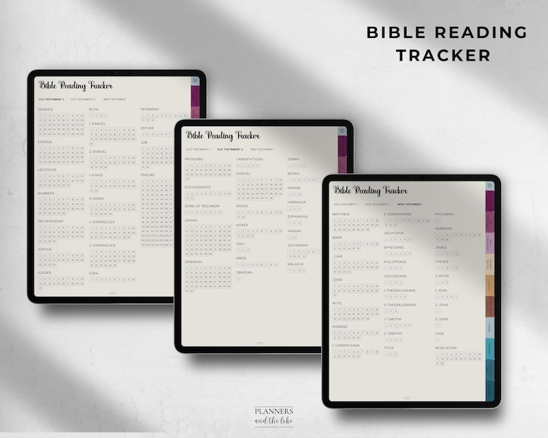 May include: Three digital tablets displaying a Bible reading tracker. The screens show a calendar layout with book titles and dates. The text "Bible Reading Tracker" is at the top. The tablets have a black border and a white background.