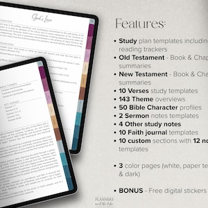 May include: Two digital tablets displaying Bible study notes. One tablet shows "God's Love" definition, the other displays "Genesis" with main themes and key verses. Features include study plan templates, summaries, and digital stickers.