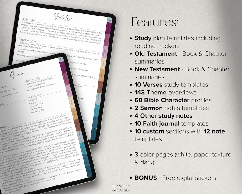 May include: Two digital tablets displaying Bible study notes. One tablet shows "God's Love" definition, the other displays "Genesis" with main themes and key verses. Features include study plan templates, summaries, and digital stickers.