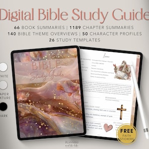 Könnte beinhalten: Digitales Bibelstudien-Handbuch auf zwei Tablets. Der Leitfaden enthält Zusammenfassungen, Übersichten und Profile. Ein Tablet zeigt das Cover mit einem Aquarelldesign. Das andere Tablet zeigt eine Studienseite mit einem Kreuz und einem Herzsymbol. Ein Stift ist ebenfalls sichtbar.