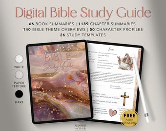 May include: Digital Bible Study Guide displayed on two tablets. The guide includes summaries, overviews, and profiles. One tablet shows the cover with a watercolor design. The other tablet displays a study page with a cross and a heart icon. A stylus is also visible.