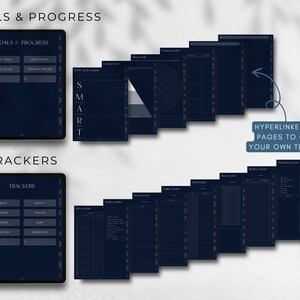 May include: A digital planner with a dark blue background and white text. The planner includes sections for goals, progress, and trackers. The text "GOALS & PROGRESS" and "TRACKERS" is displayed on the top of the planner pages. The planner includes a variety of templates for goal setting, progress tracking, and habit tracking.