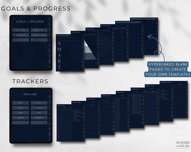 May include: A digital planner with a dark blue background and white text. The planner includes sections for goals, progress, and trackers. The text "GOALS & PROGRESS" and "TRACKERS" is displayed on the top of the planner pages. The planner includes a variety of templates for goal setting, progress tracking, and habit tracking.
