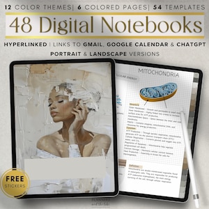 Könnte beinhalten: Werbung für ein digitales Notizbuch-Produkt. Das Bild zeigt zwei Tablets mit digitalen Notizbüchern. Das obere Banner lautet "12 FARBTHEMEN | 6 FARBIGE SEITEN | 54 VORLAGEN". Der Text "48 Digitale Notizbücher" ist prominent. Zusätzlicher Text lautet "HYPERLINKED | LINKS ZU GMAIL, GOOGLE CALENDAR & CHATGPT".