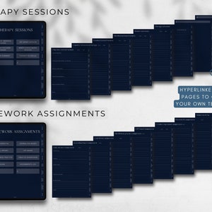May include: A digital planner with a dark blue background and white text. The planner is divided into two sections: "Therapy Sessions" and "Homework Assignments". Each section has a list of topics related to therapy and homework assignments. The planner also includes hyperlinked blank pages to create custom templates.