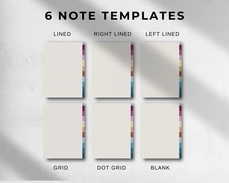 May include: Image of six note templates: lined, right lined, left lined, grid, dot grid, and blank. Each template has a cream-colored paper with a colorful tabbed edge. The text "6 NOTE TEMPLATES" is at the top of the image.