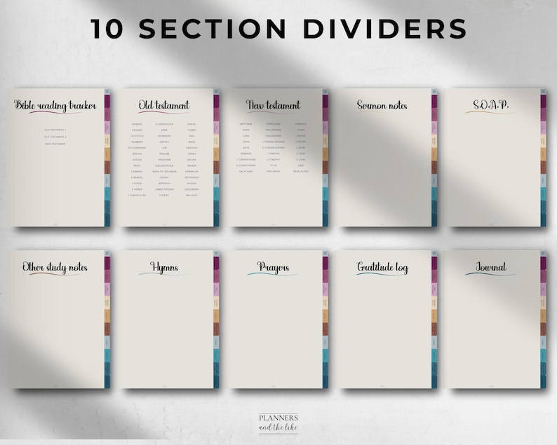 May include: Ten section dividers for a planner, with titles including "Bible reading tracker," "Old Testament," and "New Testament." Each divider has a colored tab and a cream-colored background. The text "PLANNERS and the like" is at the bottom.
