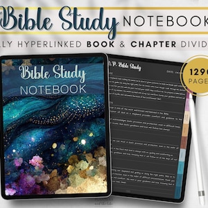 May include: A digital tablet displaying a Bible study notebook with a dark blue, purple, and gold abstract background. The notebook has 1290 pages and is fully hyperlinked. The text "Bible Study Notebook" is displayed on the cover of the notebook.