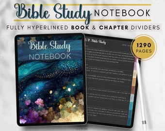 Dark mode Digital Bible Study Notebook with hyperlinked dividers to every book and chapter