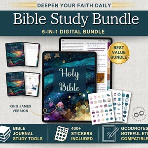Pode incluir: Um pacote digital de estudo bíblico com o texto "Bible Study Bundle" e "Holy Bible". O pacote inclui diários digitais, ferramentas de estudo e adesivos. O texto "King James Version" também é visível.