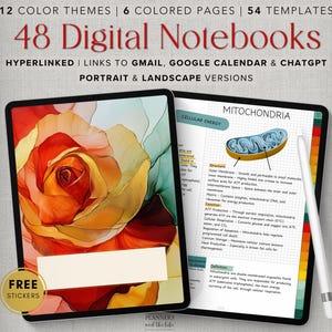 May include: A digital notebook with a colorful rose illustration on the cover. The notebook is open to a page with a diagram of a mitochondria, labeled with the text "Cellular Energy" and "Mitochondria". The notebook is part of a set of 48 digital notebooks, with 12 color themes, 6 colored pages, and 54 templates. The notebooks are hyperlinked and include links to Gmail, Google Calendar, and ChatGPT. The notebooks are available in portrait and landscape versions.