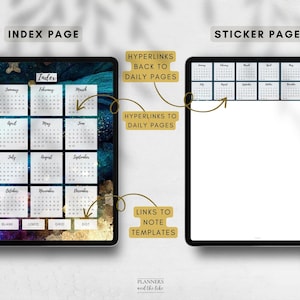 May include: Digital planner index page with a calendar grid and the word "Index" at the top. The page features hyperlinks to daily pages and note templates. The sticker page displays a calendar grid with space for notes.