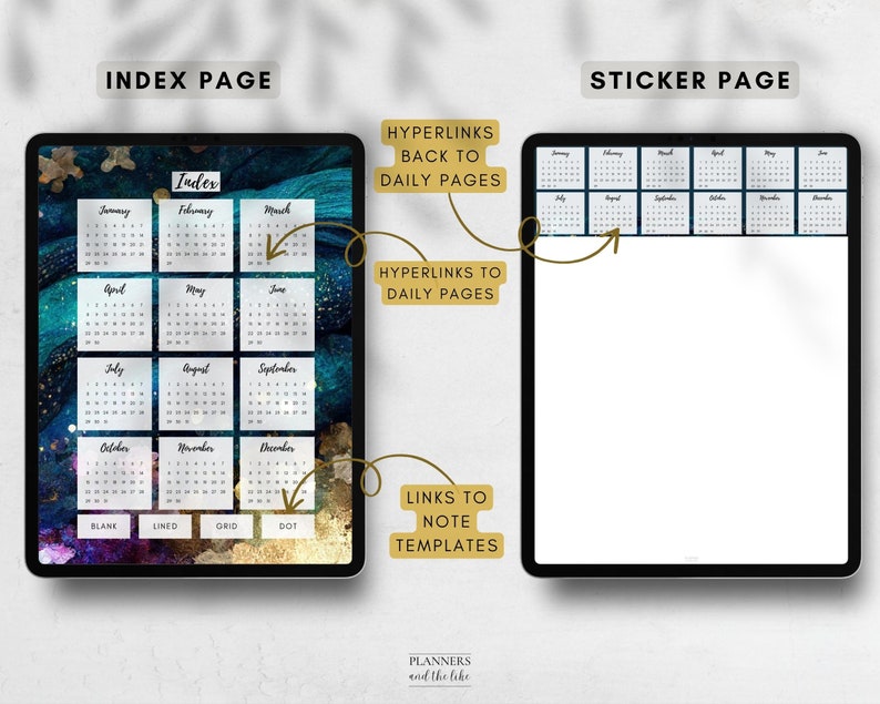 May include: Digital planner index page with a calendar grid and the word "Index" at the top. The page features hyperlinks to daily pages and note templates. The sticker page displays a calendar grid with space for notes.