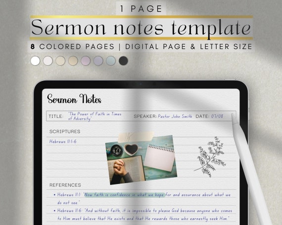 iPad & Tablet Digital Sermon notes template in 8 colors and letter size (printable)