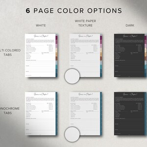 May include: Image showcasing six planner page color options: white, white paper texture, and dark. Each option features multi-colored and monochrome tabs. The text reads "6 Page Color Options" and "Planners and the like."