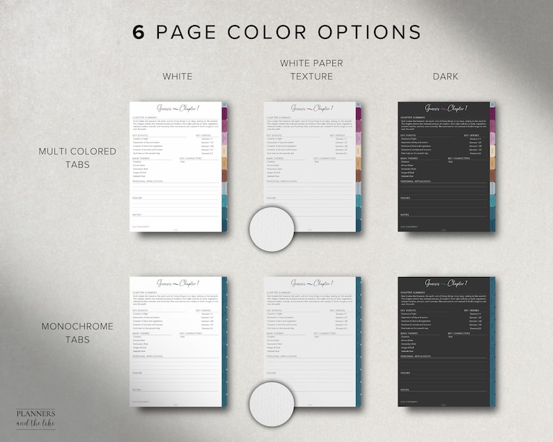 May include: Image showcasing six planner page color options: white, white paper texture, and dark. Each option features multi-colored and monochrome tabs. The text reads "6 Page Color Options" and "Planners and the like."