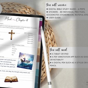May include: Digital Bible study guide displayed on a tablet. The screen shows "Mark Chapter 4" with key events, verses, and characters. A stylus and a digital file icon are also visible. The text reads "You will receive" and "You will need".