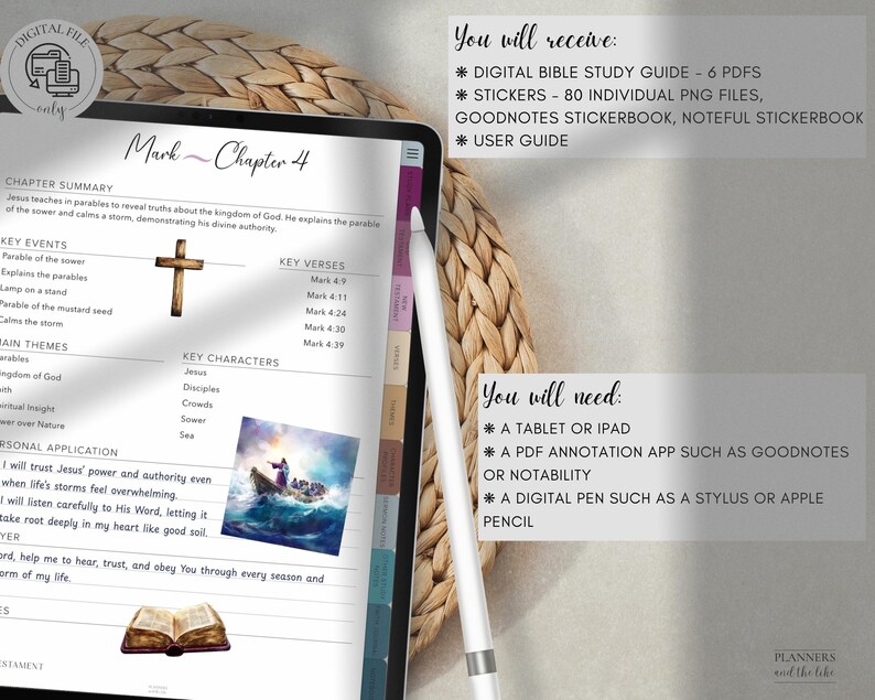 May include: Digital Bible study guide displayed on a tablet. The screen shows "Mark Chapter 4" with key events, verses, and characters. A stylus and a digital file icon are also visible. The text reads "You will receive" and "You will need".