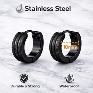 Male Earrings Minimalist Thin Black Hoops, Edgy Mens Jewellery, Huggie Earrings, Gift for Him, Boyfriend, Husband