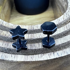 Boucles d'oreilles dépareillées à dos plat - Boucle d'oreille plate filetée noire à dos plat, boucles d'oreilles pour hommes, étoile, dépareillées, A155