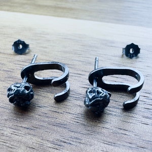 Mens Earrings - Silver Stud Earrings, Men, Edgy, Viking, Obsidian Earring, Grunge, Mens Stud Earrings, Studs for Men, cuff earring, A489