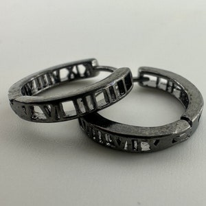 Black Mens Earrings, Roman Numerial, Hoop Earring, Gun Metal Grey, Man Silver Hoop Earrings, Huggie Earring For Men, Earrings For Him, A135