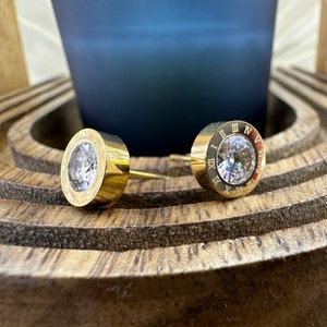 Designer Earrings ladies, mens, Birthday Party Earrings, Designer Earrings, Diamond look, Gift for her Fun Funky Gold Roman Numerals, A279