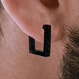 Earrings hoops men-stainless-steel, Mens Hoop Earrings, Black Edgy Rectangle Huggie Earring, thick hoop earrings, Black Earrings, A433