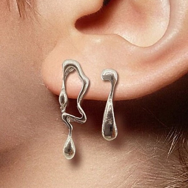 Clous d'oreilles dépareillés, Argent 925, Clous d'oreilles asymétriques dégoulinant, Irrégulier, clou d'oreille métallique liquide, Boucles d'oreilles minimalistes, A145