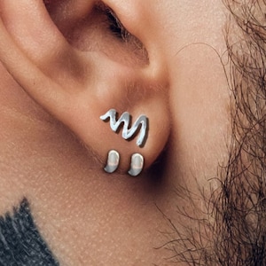 Mens Earrings - Silver Stud Earrings, Men, Minimalist Male Earring, Sterling Silver, Mens Stud Earrings, Cuff for Men, wave earrings, A499
