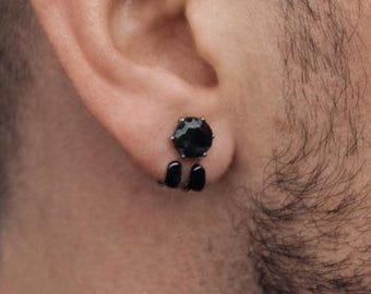 Men’s Black Gem Stud Earrings – Stainless Steel Studs for Men – Minimal Black Crystal Earrings, Waterproof Men’s Earrings, Gift for Him A372