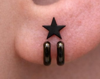 Star Wrap Earrings for Men – Black Star Stud with Double Hoop Drop – Stainless Steel Waterproof Earrings – Edgy Minimalist Mens Jewellery