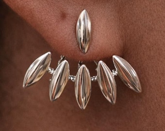 Silver Leaf Wrap Earrings for Women – Dainty Statement Studs – Botanical Fan Ear Jacket – Minimalist Elegant Earrings – Gift for Her - A348